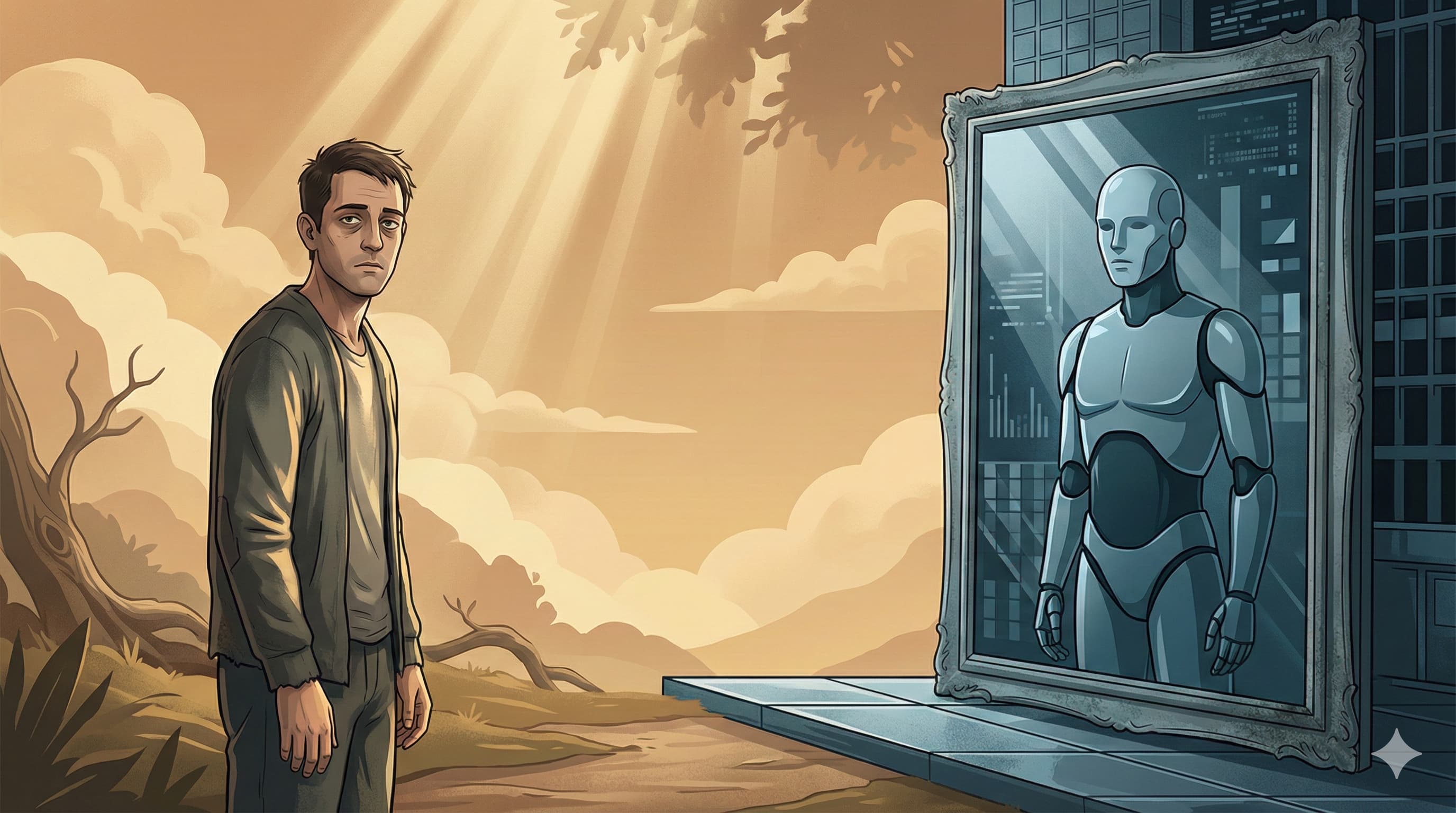 Mensch und Maschine – visuelle Metapher für Selbstoptimierung und Identitätsverlust.